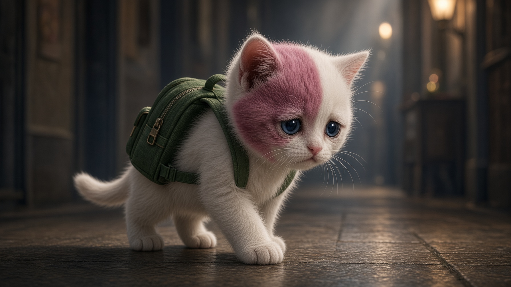 The kitten walking a dim hallway with a small green backpack