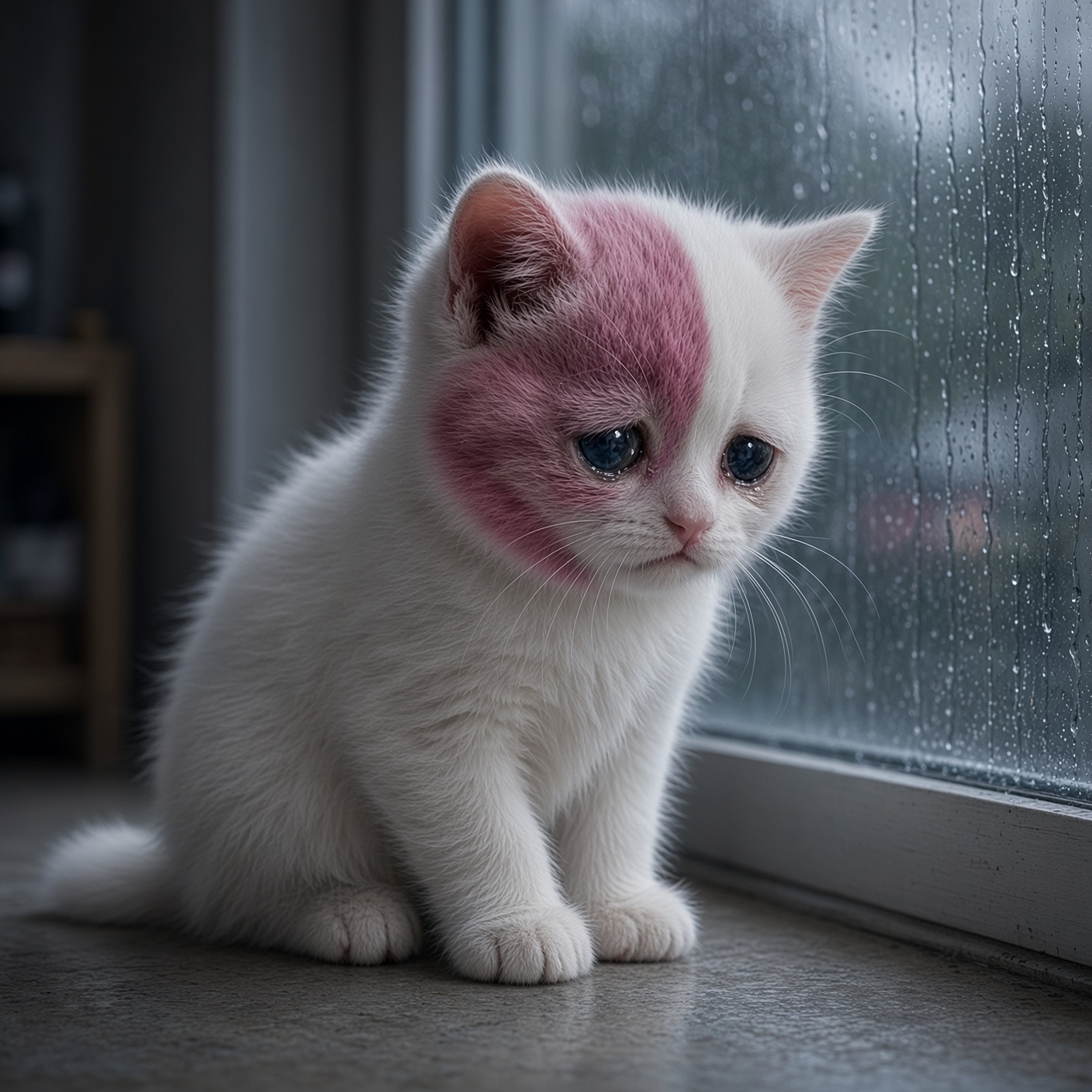 The kitten sitting alone by a rainy window